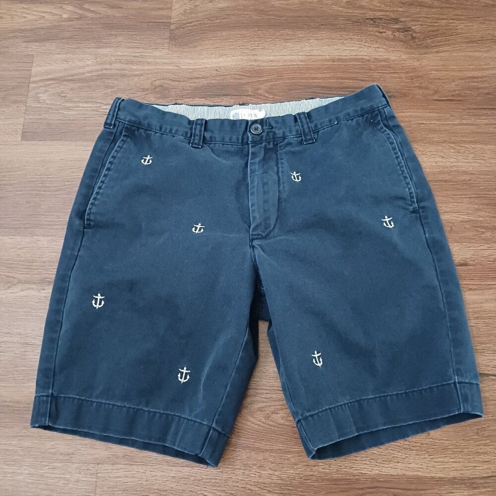 J.Crew‎ Embroidered Shorts Men 32 Anchors Navy Blue Preppy Cotton Chino Y2K